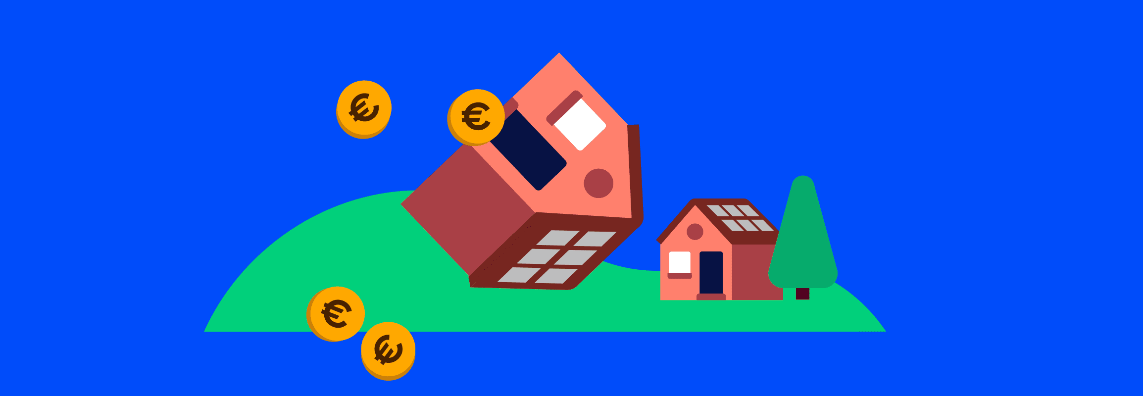 Een omgevallen huis waar geld uit rolt