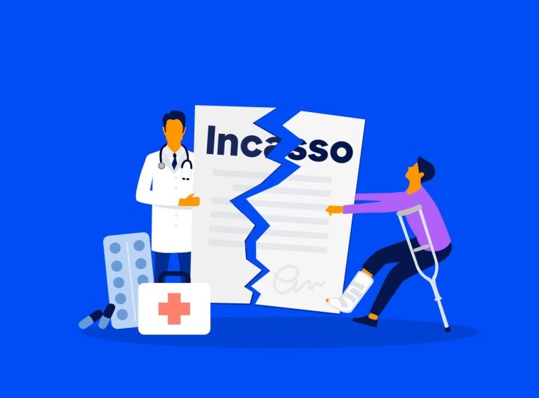 Een dokter en een man met een gebroken been die een incasso verscheuren