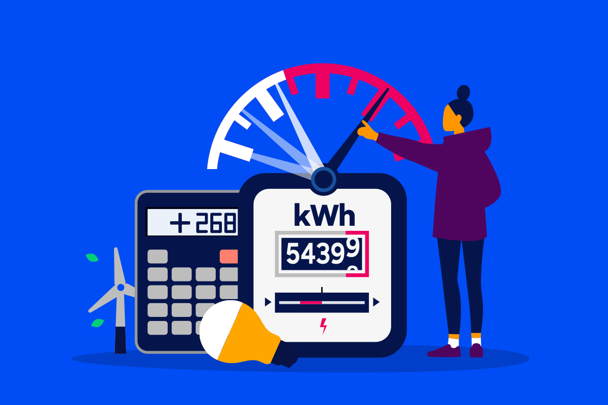 Een meterstand, rekenmachine en windmolen