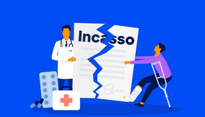 Een dokter en een man met een gebroken been die een incasso verscheuren
