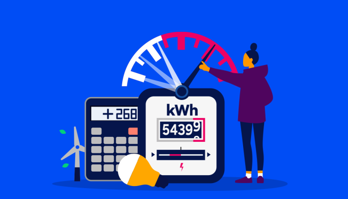 Een meterstand, rekenmachine en windmolen